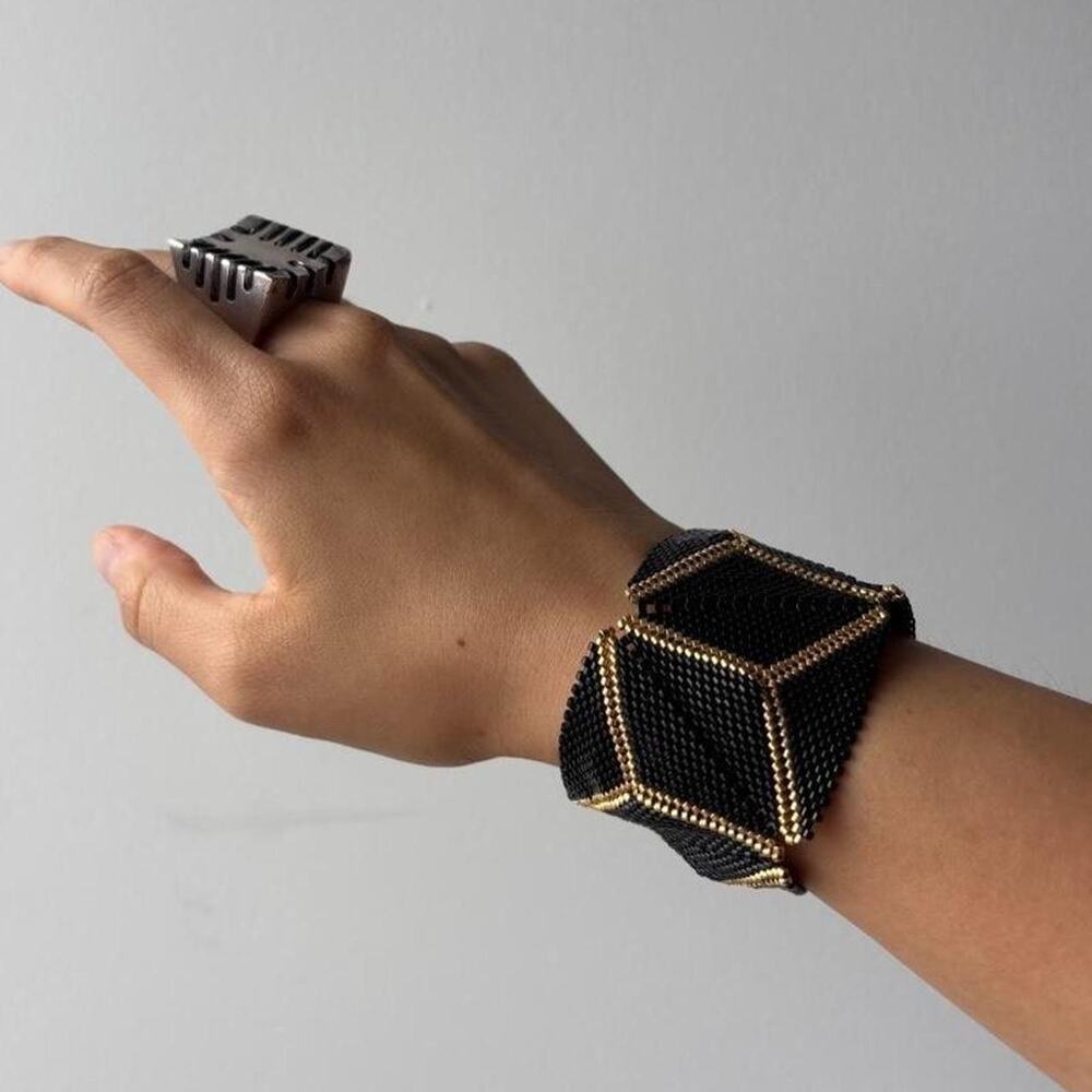 Vintage black gold Architectural wide cuff statement bracelet